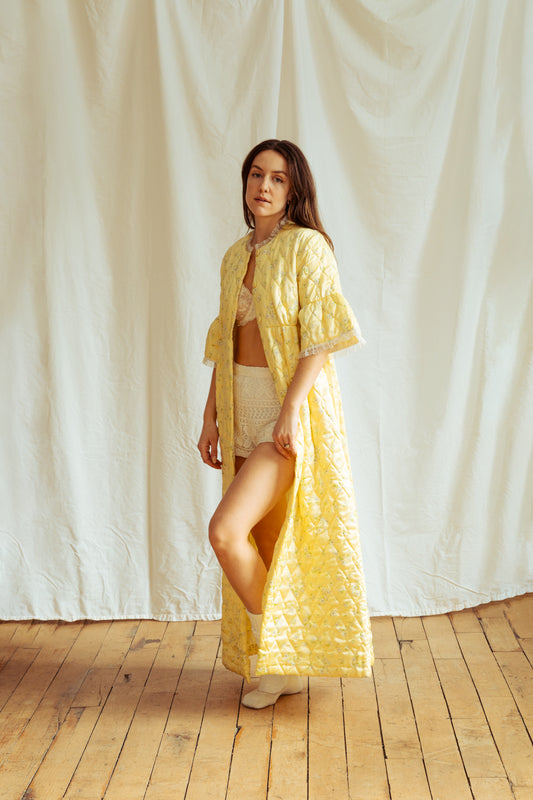 Vintage 70’s Pastel Yellow Quilted Maxi Coat