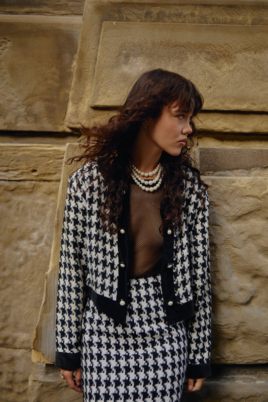 Vintage Houndstooth Matching Set - Skirt and Blazer