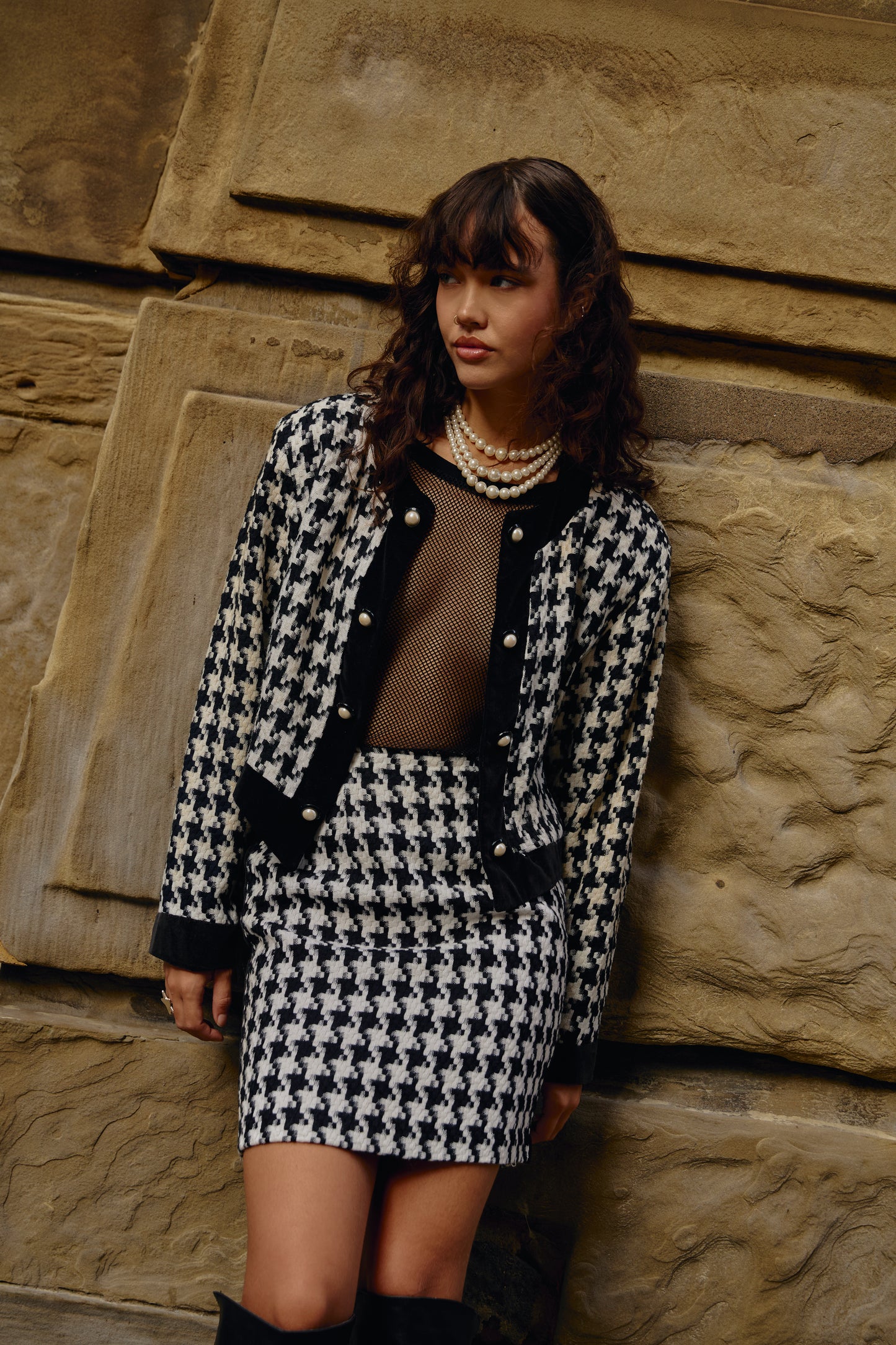 Vintage Houndstooth Matching Set - Skirt and Blazer