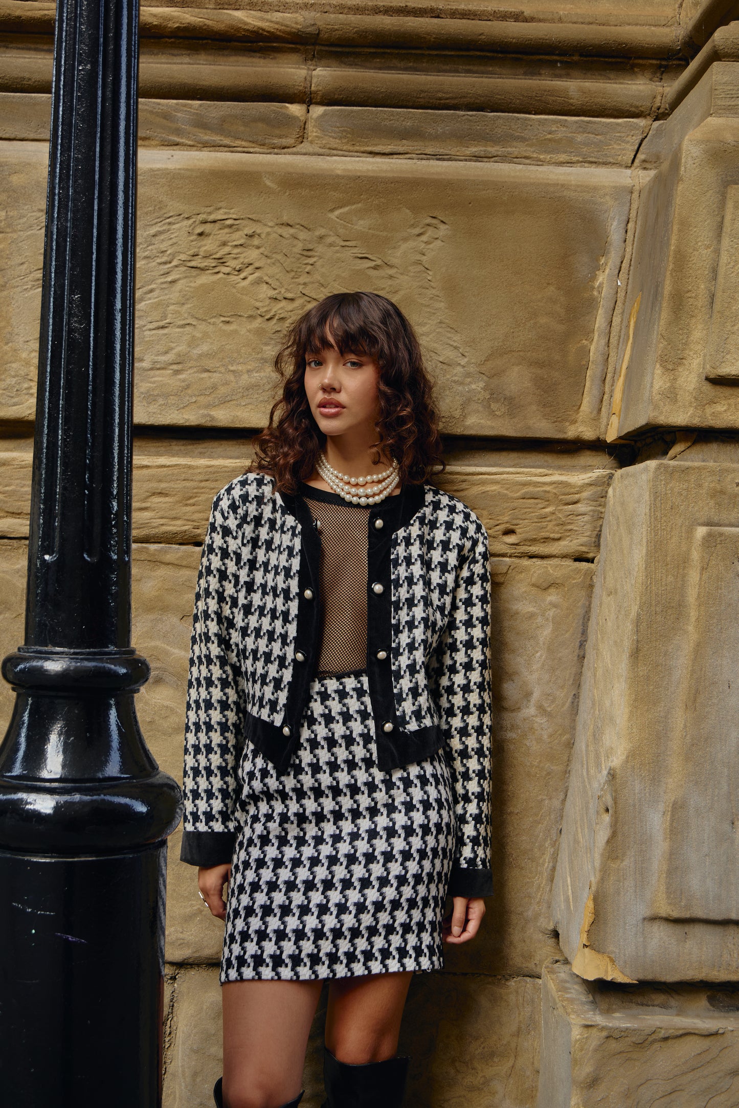 Vintage Houndstooth Matching Set - Skirt and Blazer