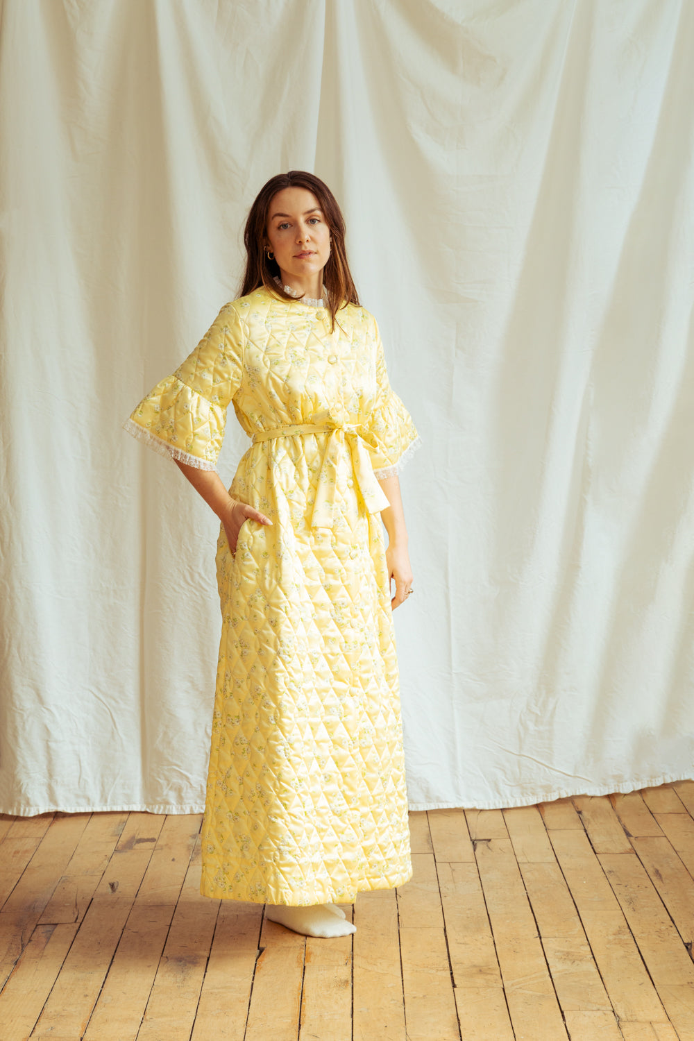 Vintage 70’s Pastel Yellow Quilted Maxi Coat