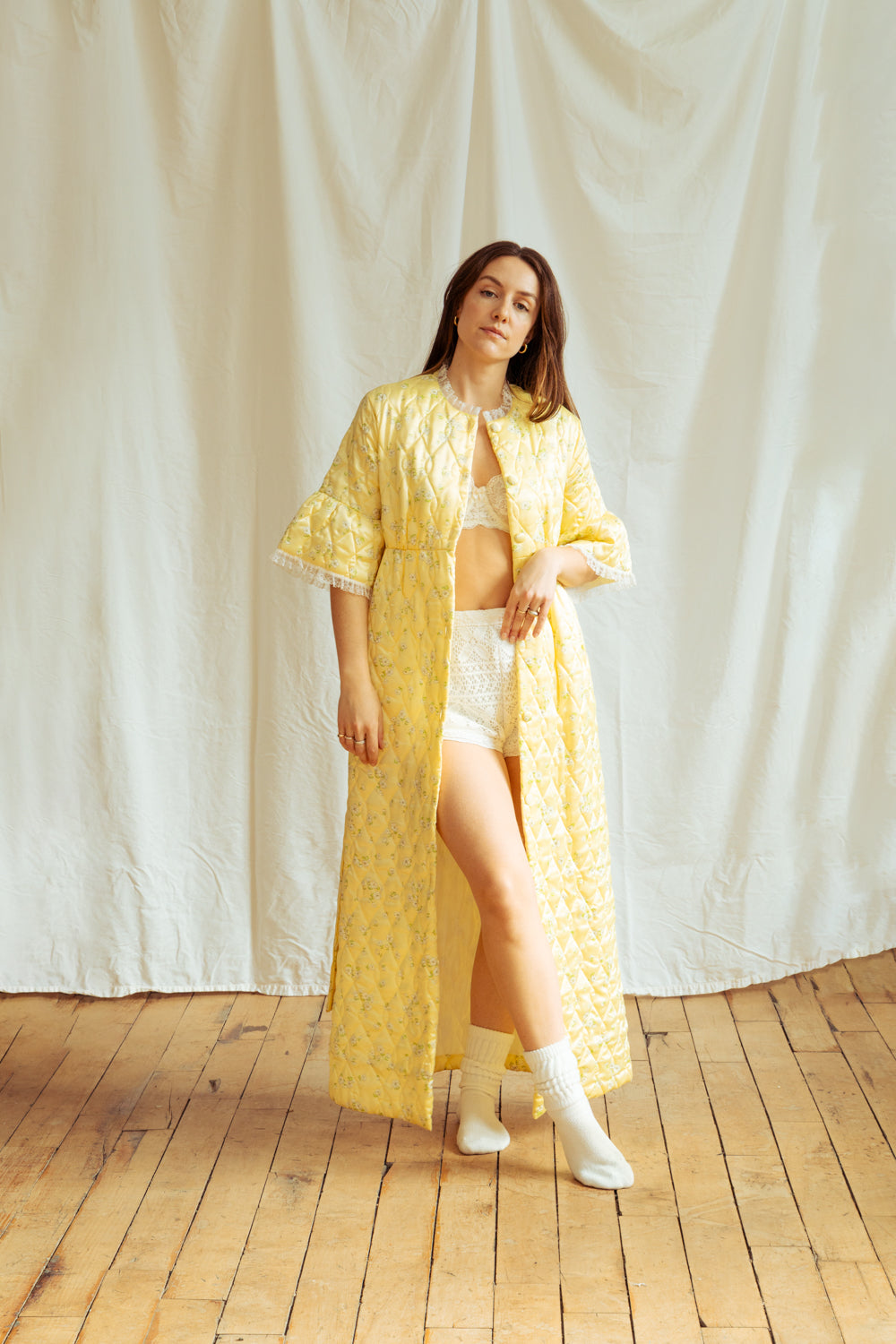 Vintage 70’s Pastel Yellow Quilted Maxi Coat