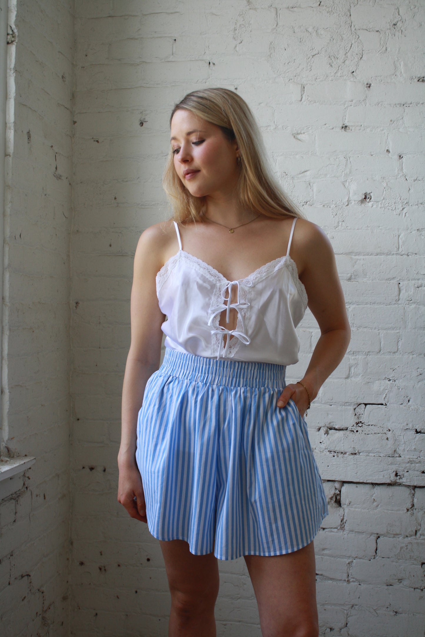 Blue and white boxer shorts