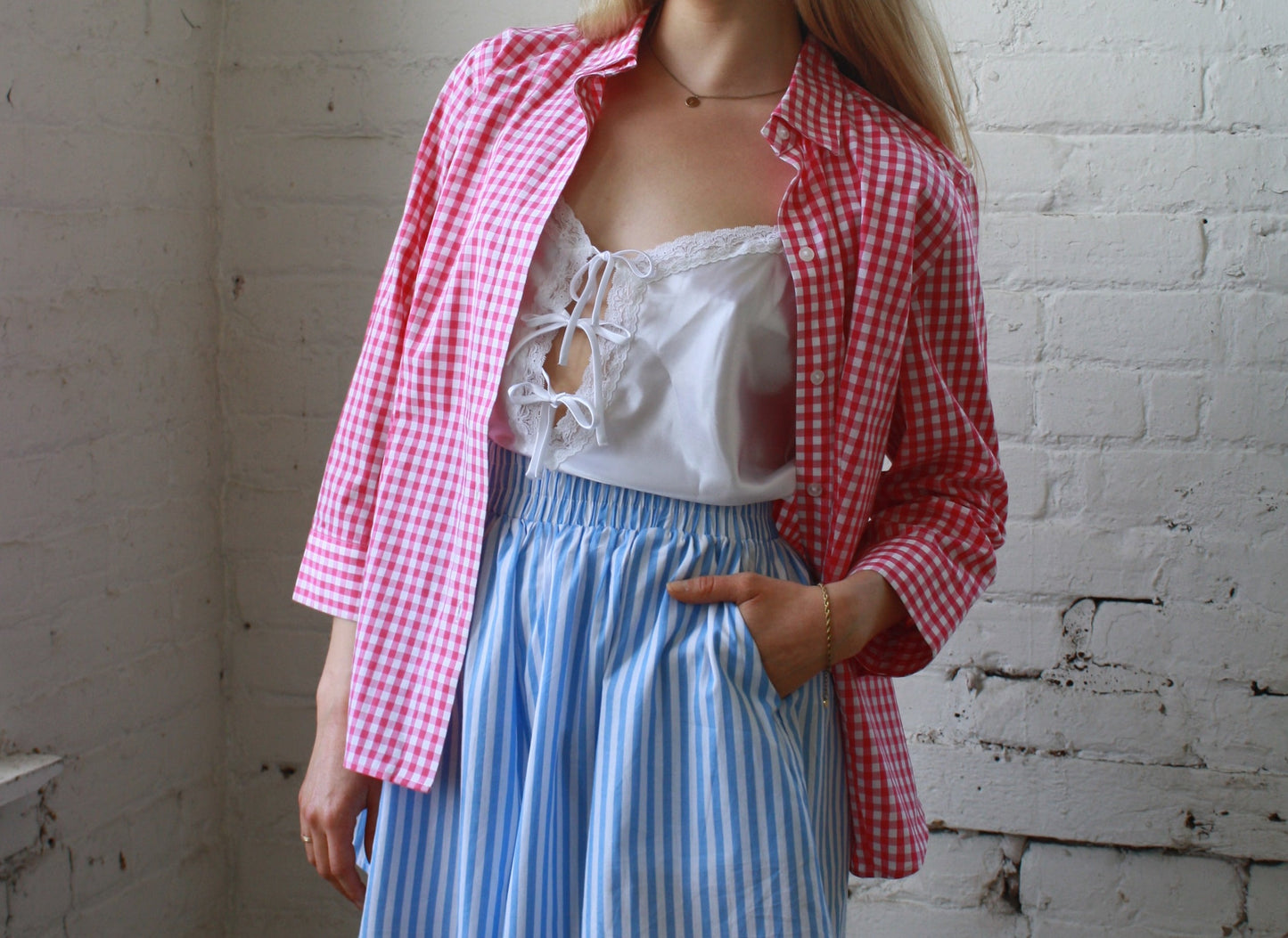 Vintage pink and white checkered cotton shirt