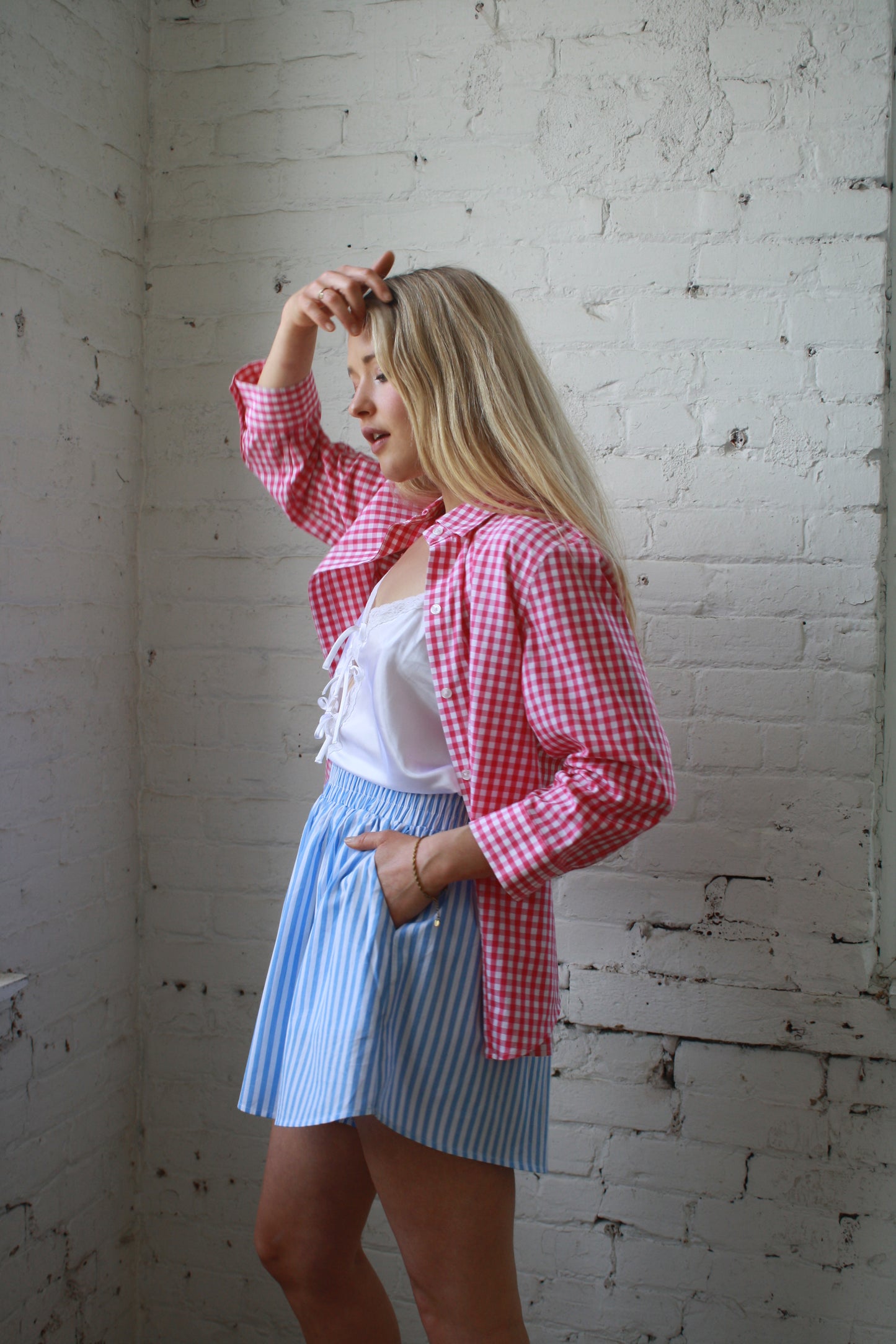 Vintage pink and white checkered cotton shirt