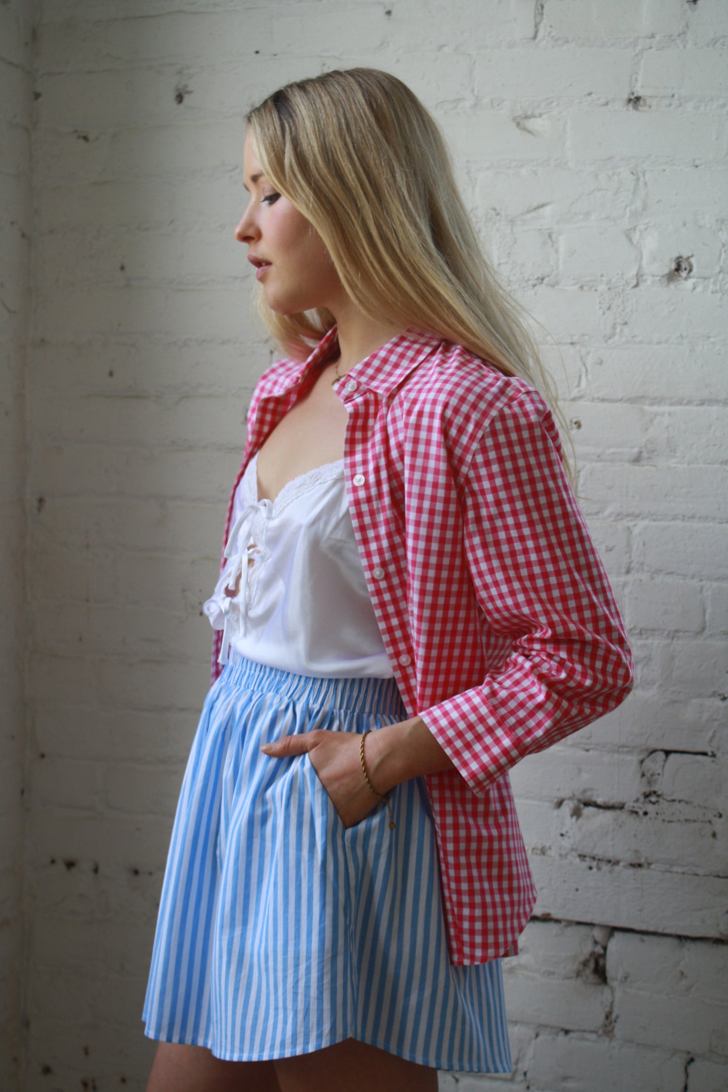 Vintage pink and white checkered cotton shirt