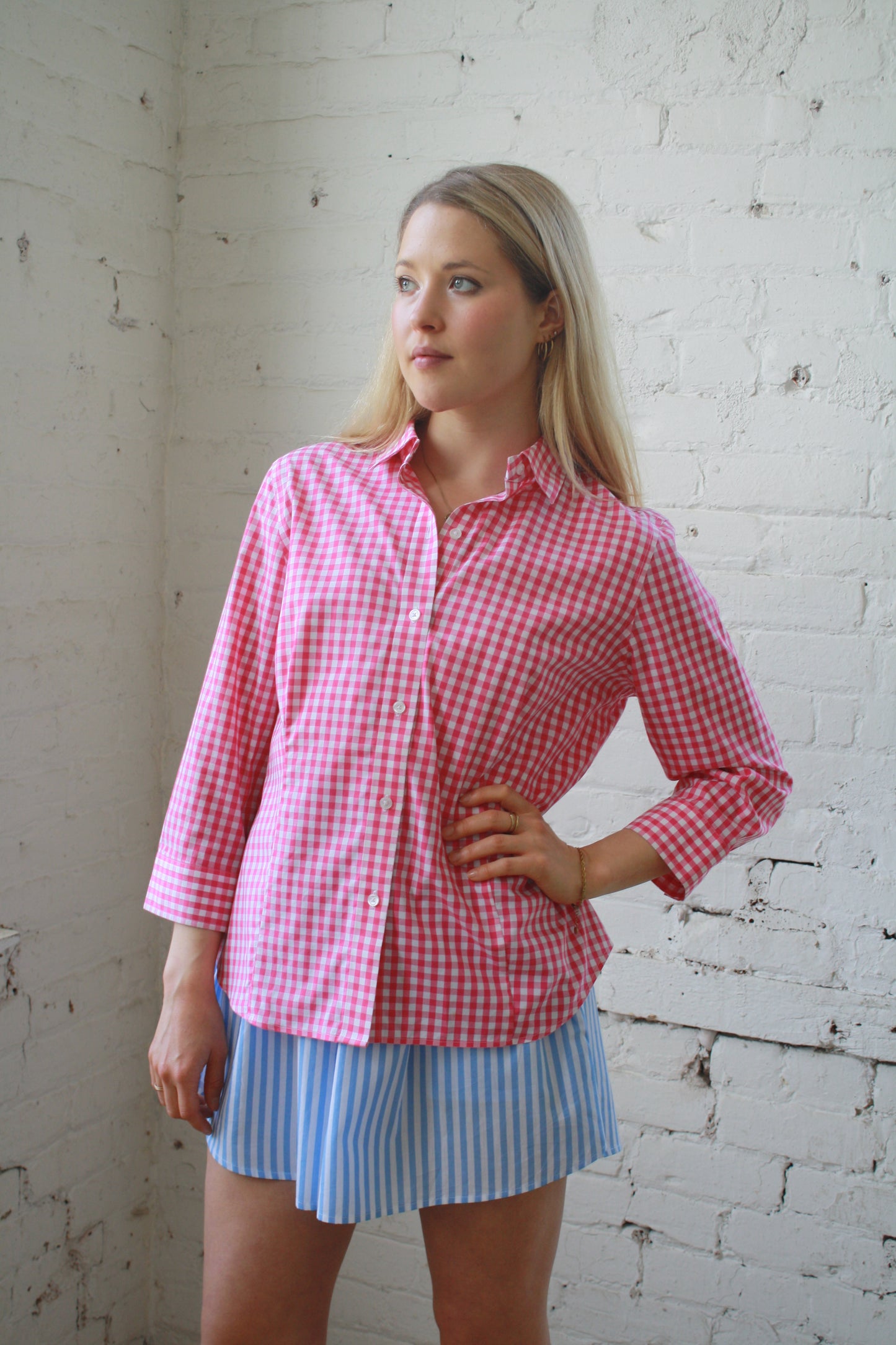 Vintage pink and white checkered cotton shirt