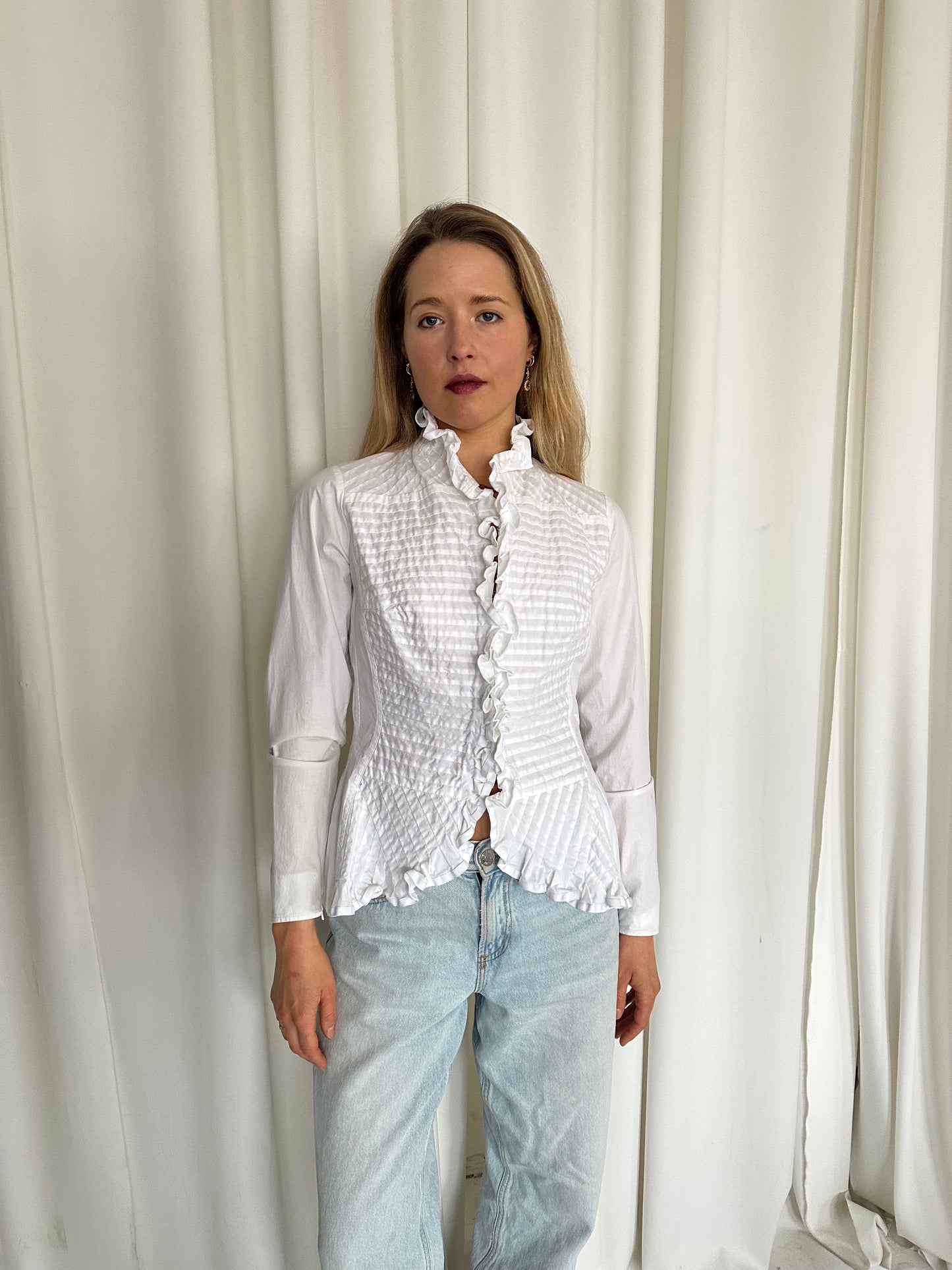 Vintage White Designer Shirt with Pleats and Ruffles