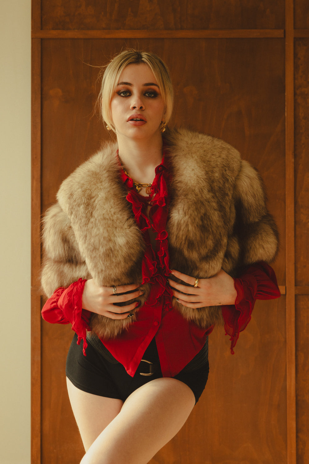 Vintage Red Silk Ruffle Blouse