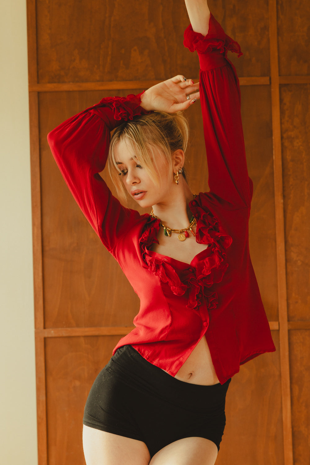 Vintage Red Silk Ruffle Blouse