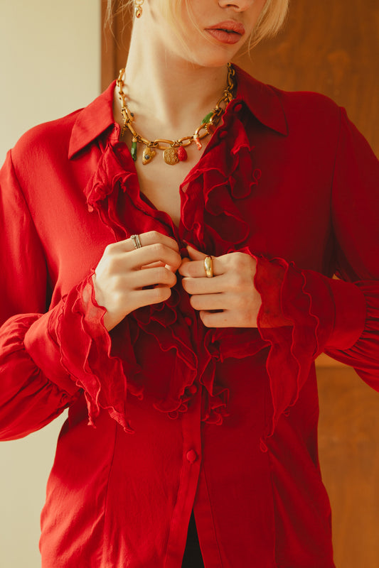 Vintage Red Silk Ruffle Blouse