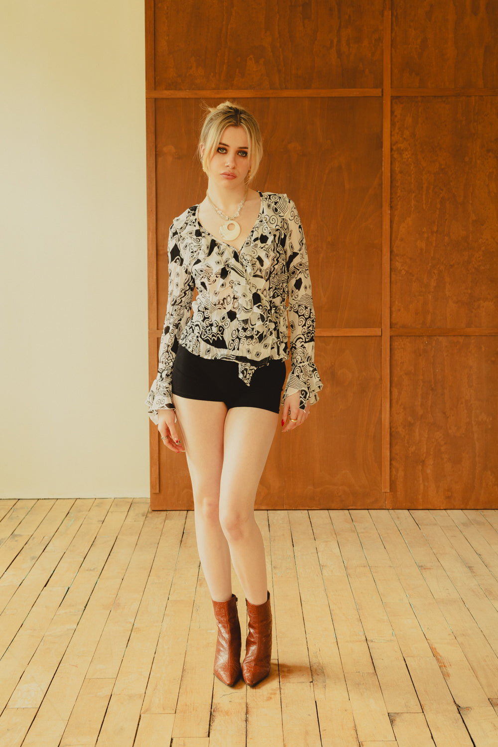 Vintage Black and White Printed Blouse