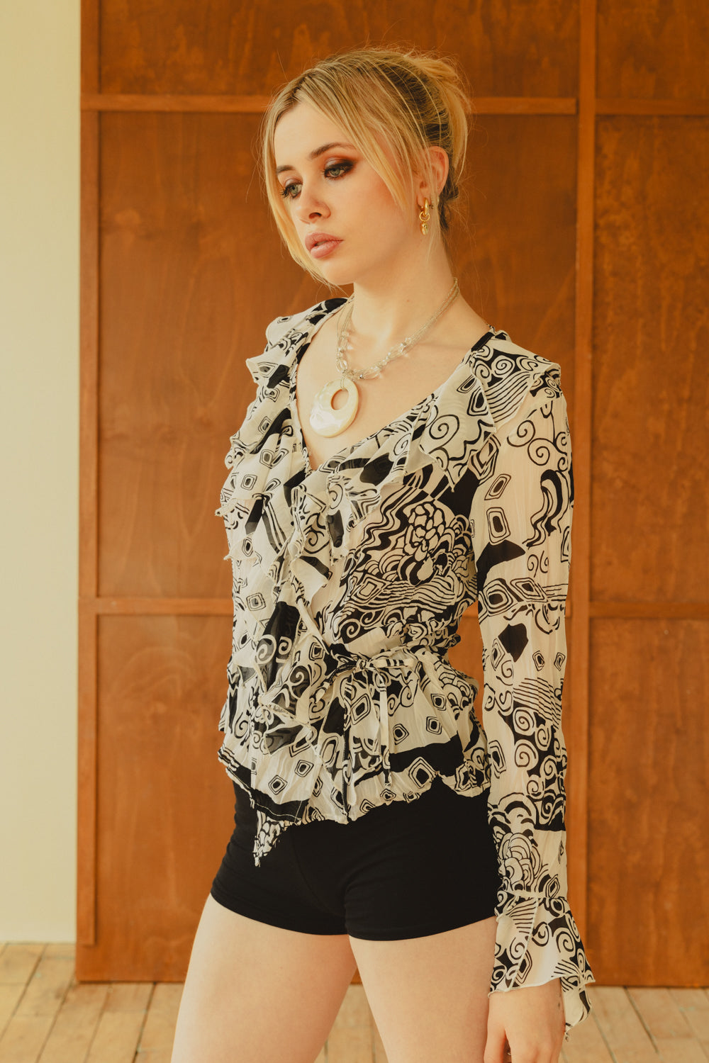 Vintage Black and White Printed Blouse