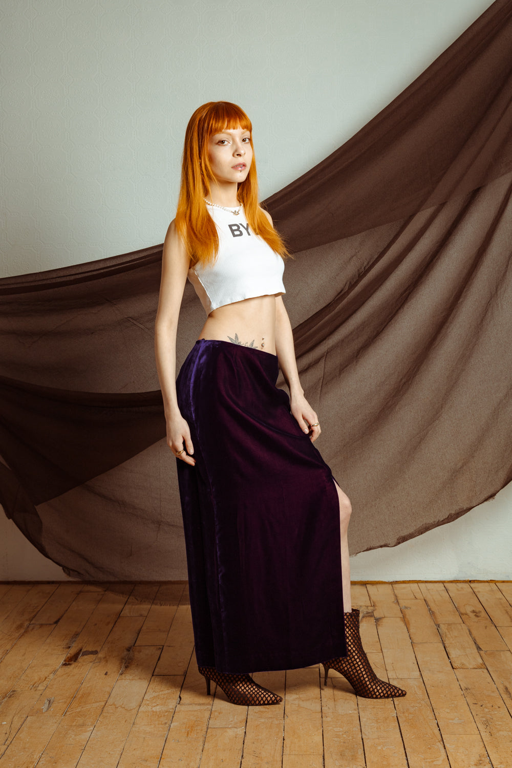Vintage Y2K Iridescent Velvet Maxi Skirt with Slit