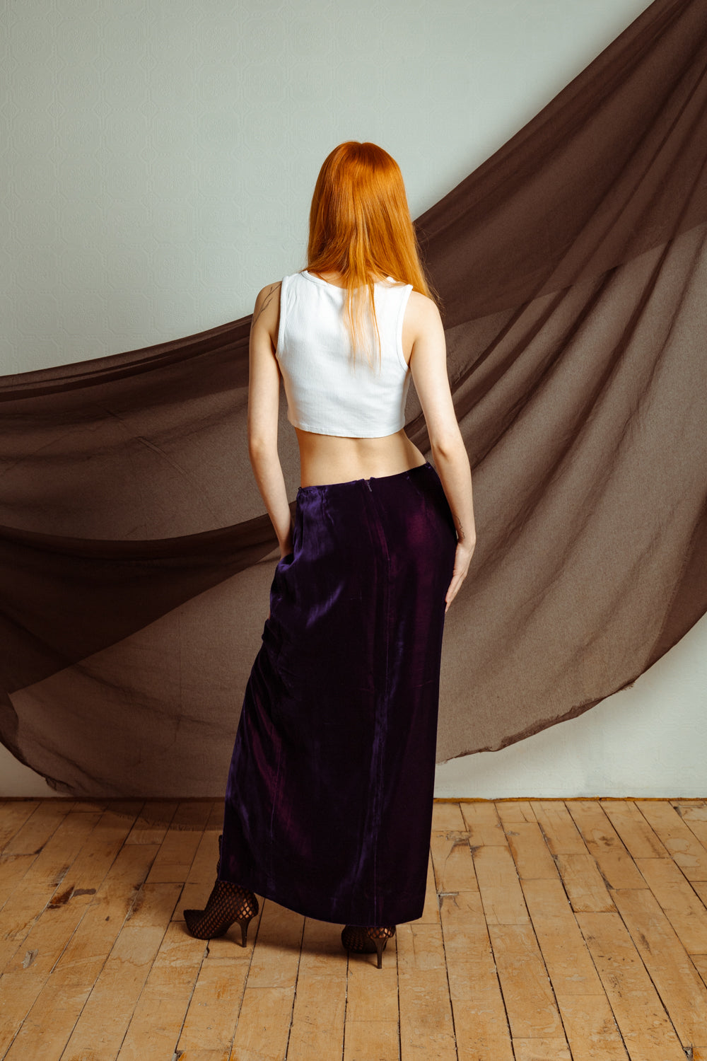 Vintage Y2K Iridescent Velvet Maxi Skirt with Slit