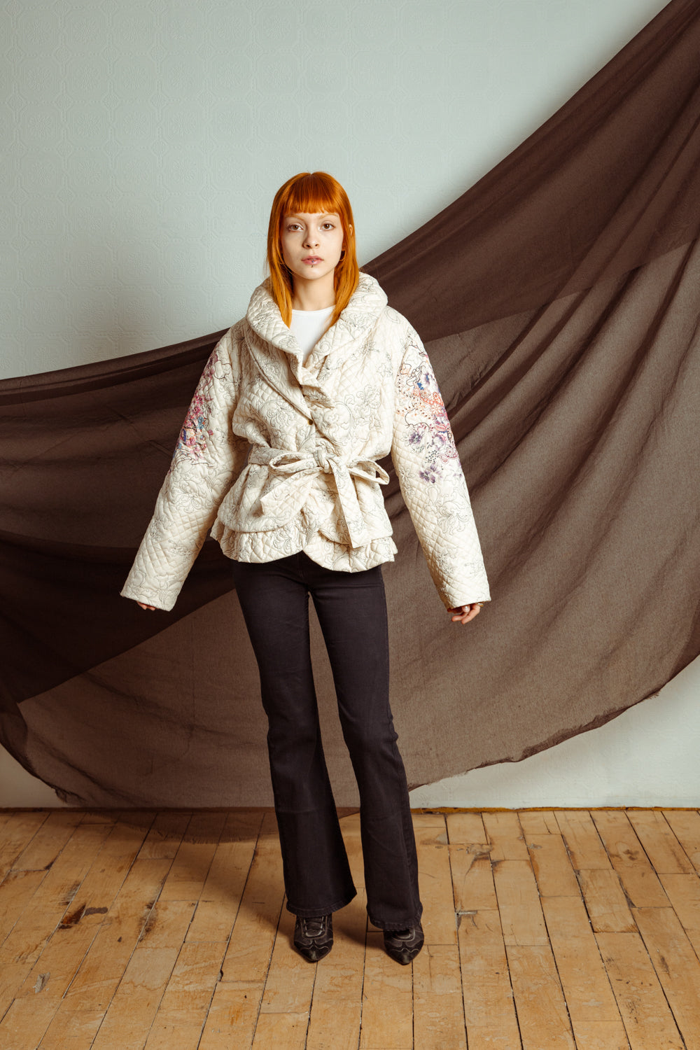 Vintage Y2K Embroidered Puffer Jacket with Ruffle Neckline