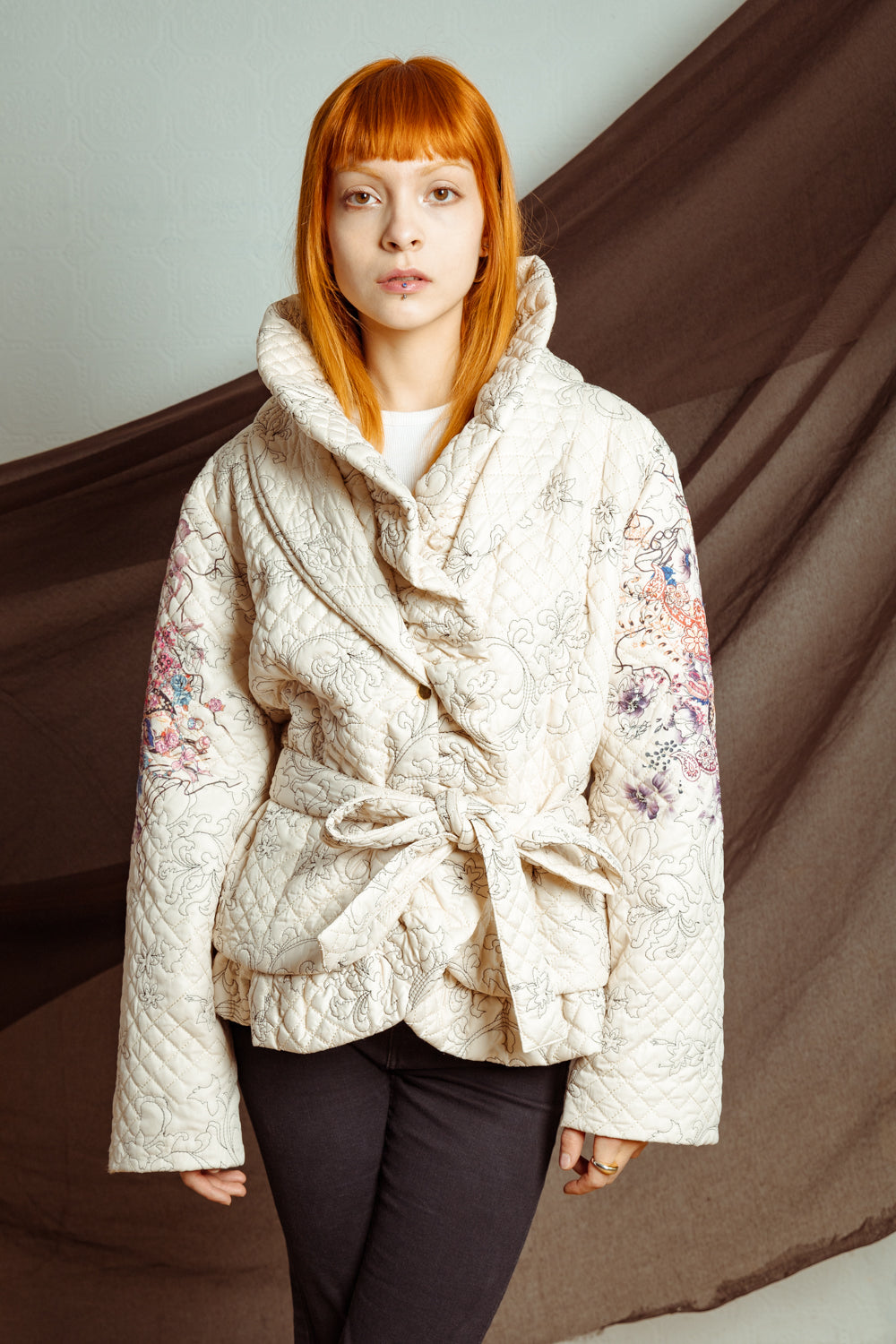 Vintage Y2K Embroidered Puffer Jacket with Ruffle Neckline