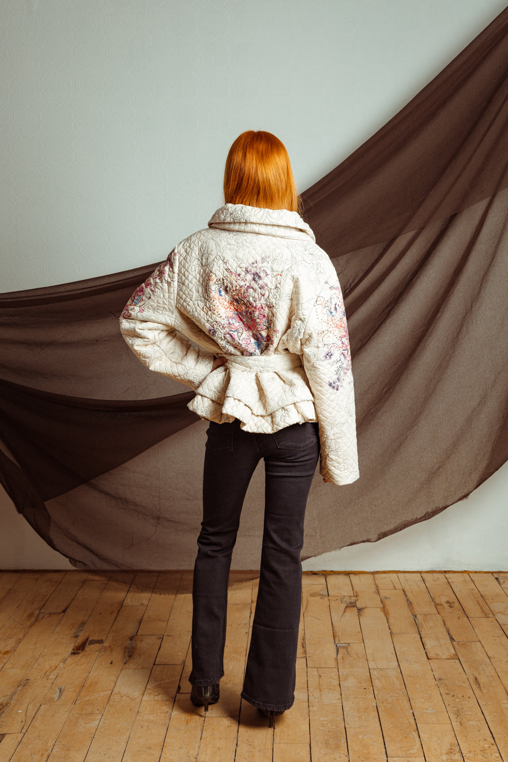 Vintage Y2K Embroidered Puffer Jacket with Ruffle Neckline