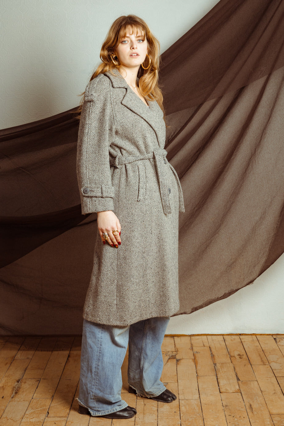 Vintage 70s Unisex Double-Breasted Grey Tweed Coat with Belt