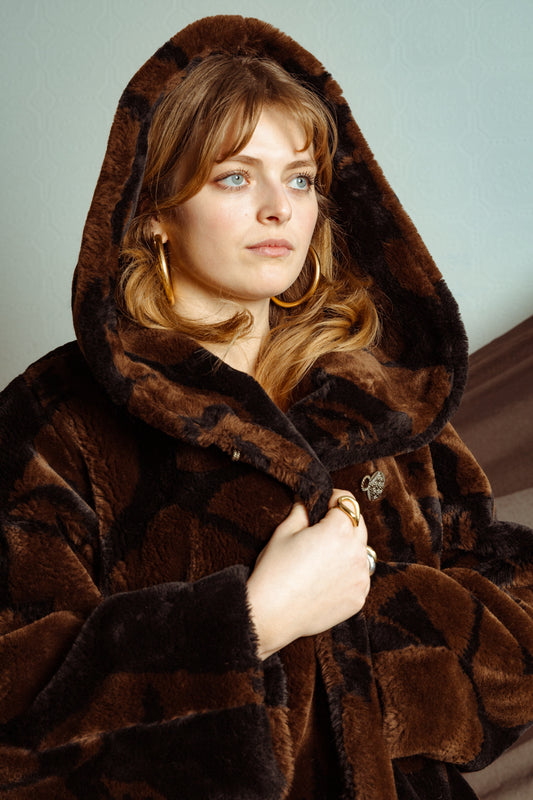 Vintage 80s Brown and Black Fuzzy Coat with Hood