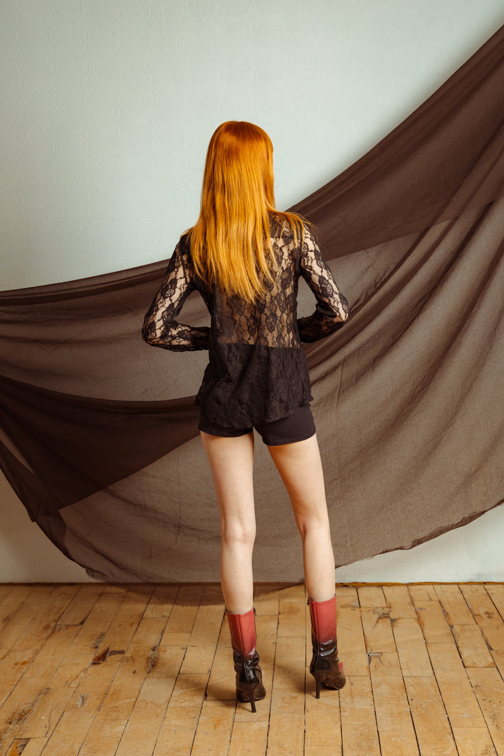 Vintage Y2K Sheer Black Lace Blouse with Faux Leather Details