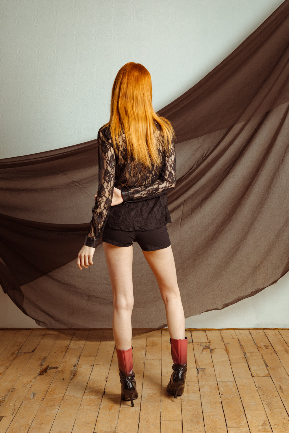 Vintage Y2K Sheer Black Lace Blouse with Faux Leather Details