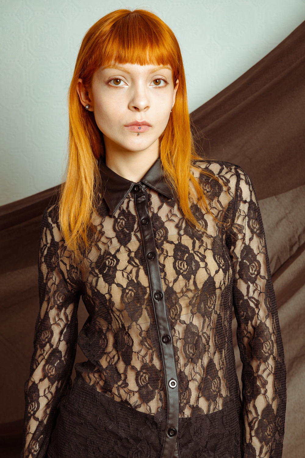 Vintage Y2K Sheer Black Lace Blouse with Faux Leather Details