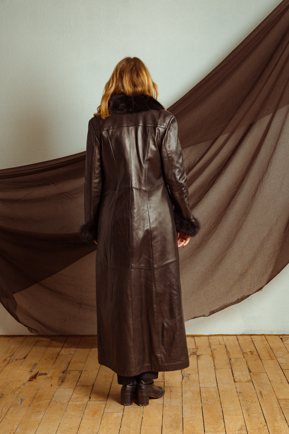 Vintage Late 80s Long Black Leather Coat with Fur Collar