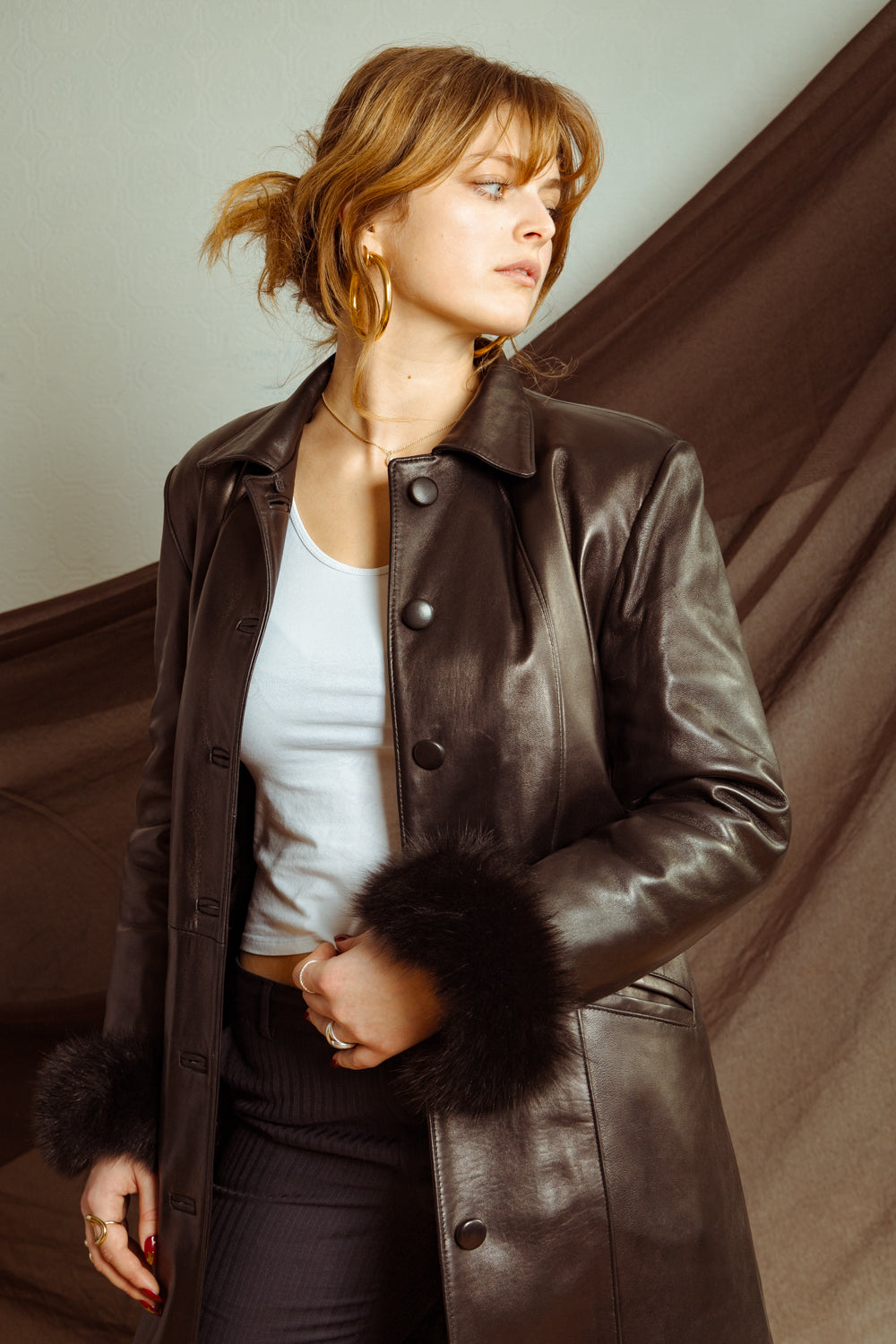 Vintage Late 80s Long Black Leather Coat with Fur Collar