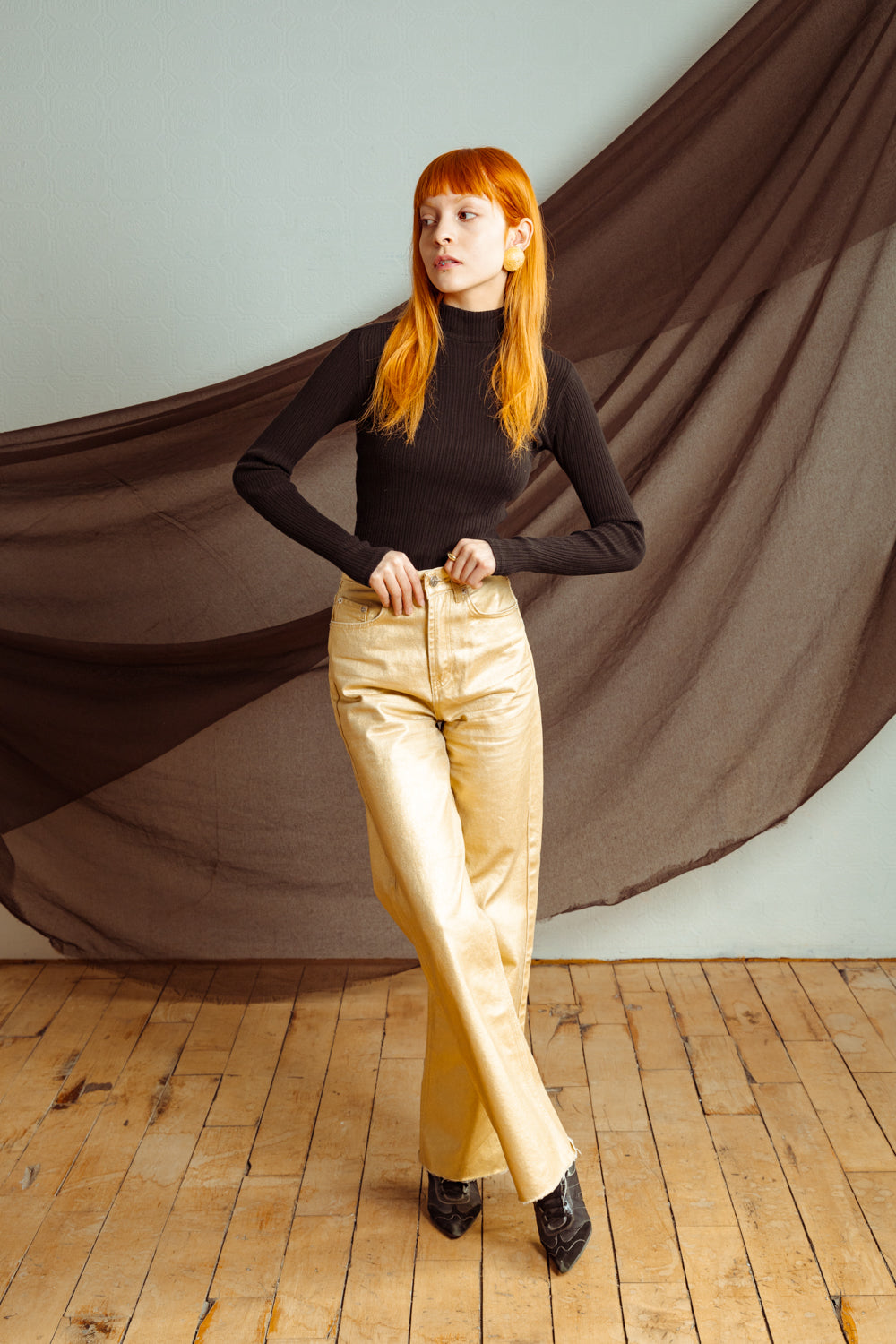 Metallic Gold High-Waist Jeans