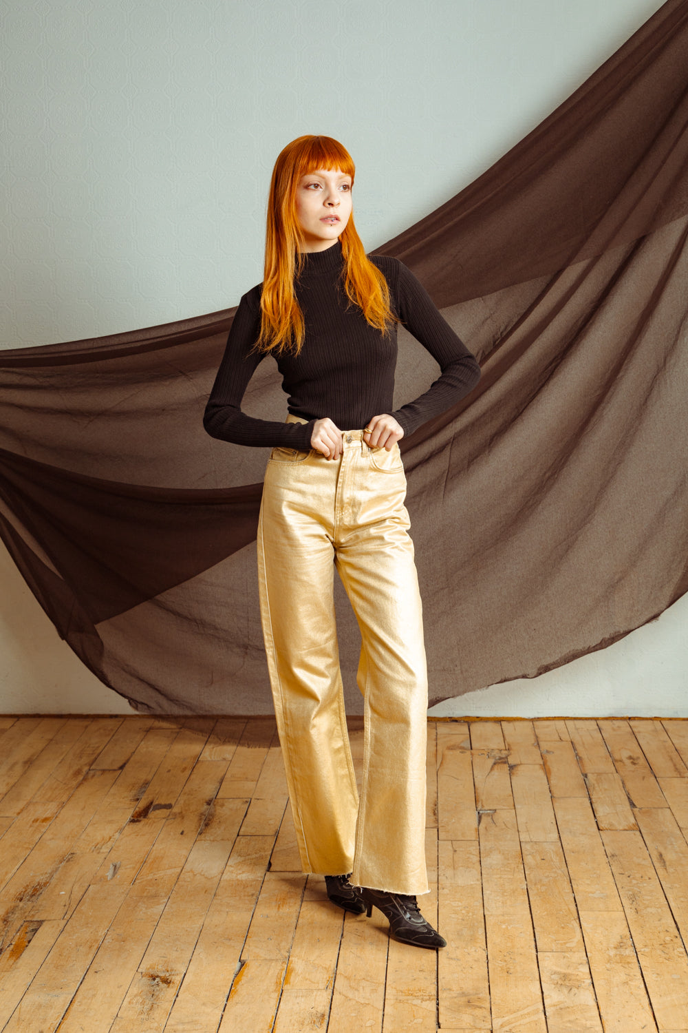 Metallic Gold High-Waist Jeans