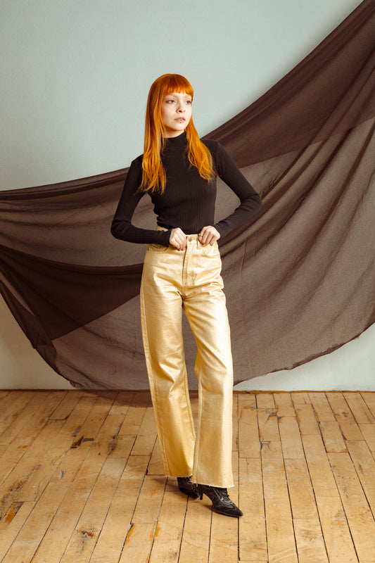 Metallic Gold High-Waist Jeans