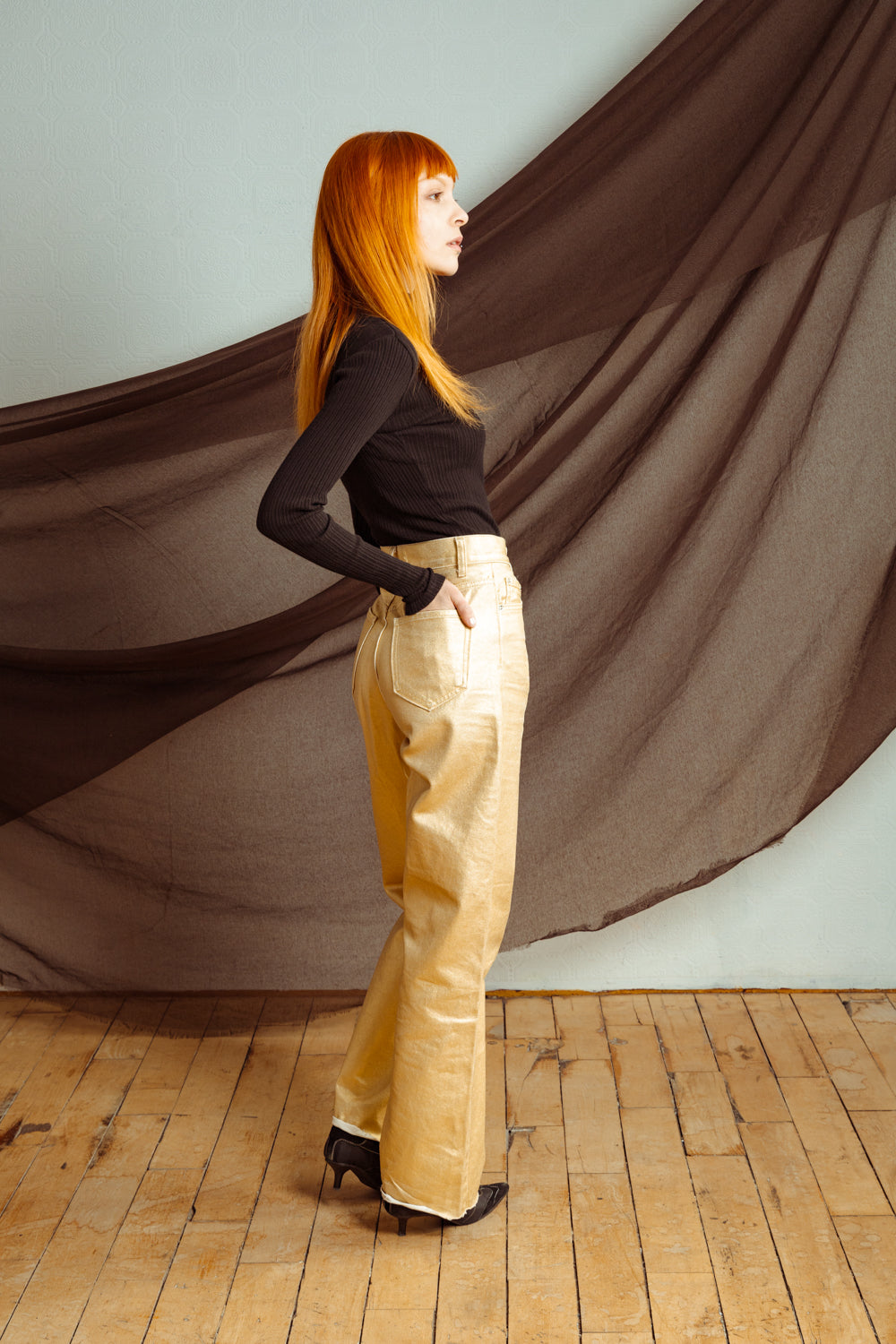 Metallic Gold High-Waist Jeans