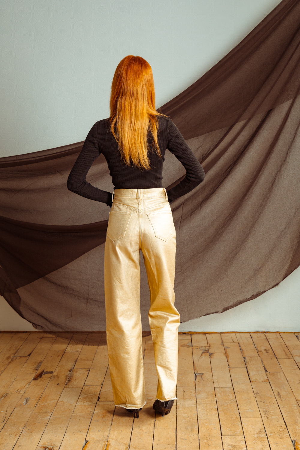 Metallic Gold High-Waist Jeans