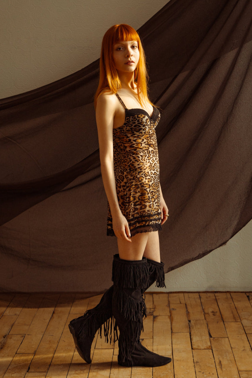 Vintage Y2K Leopard Print Sheer Bustier Dress