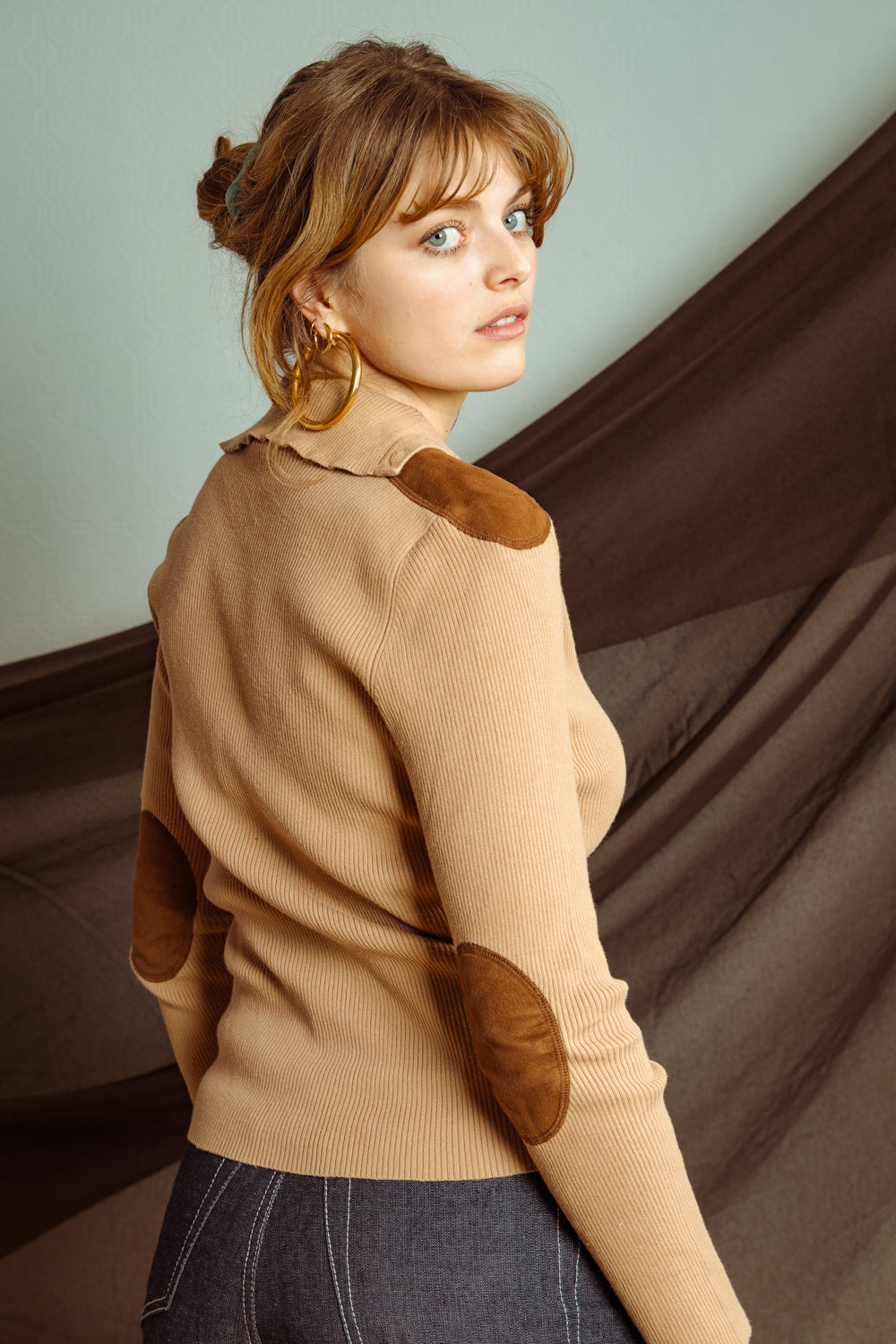 Vintage Brown Knit Top with Suede Trim