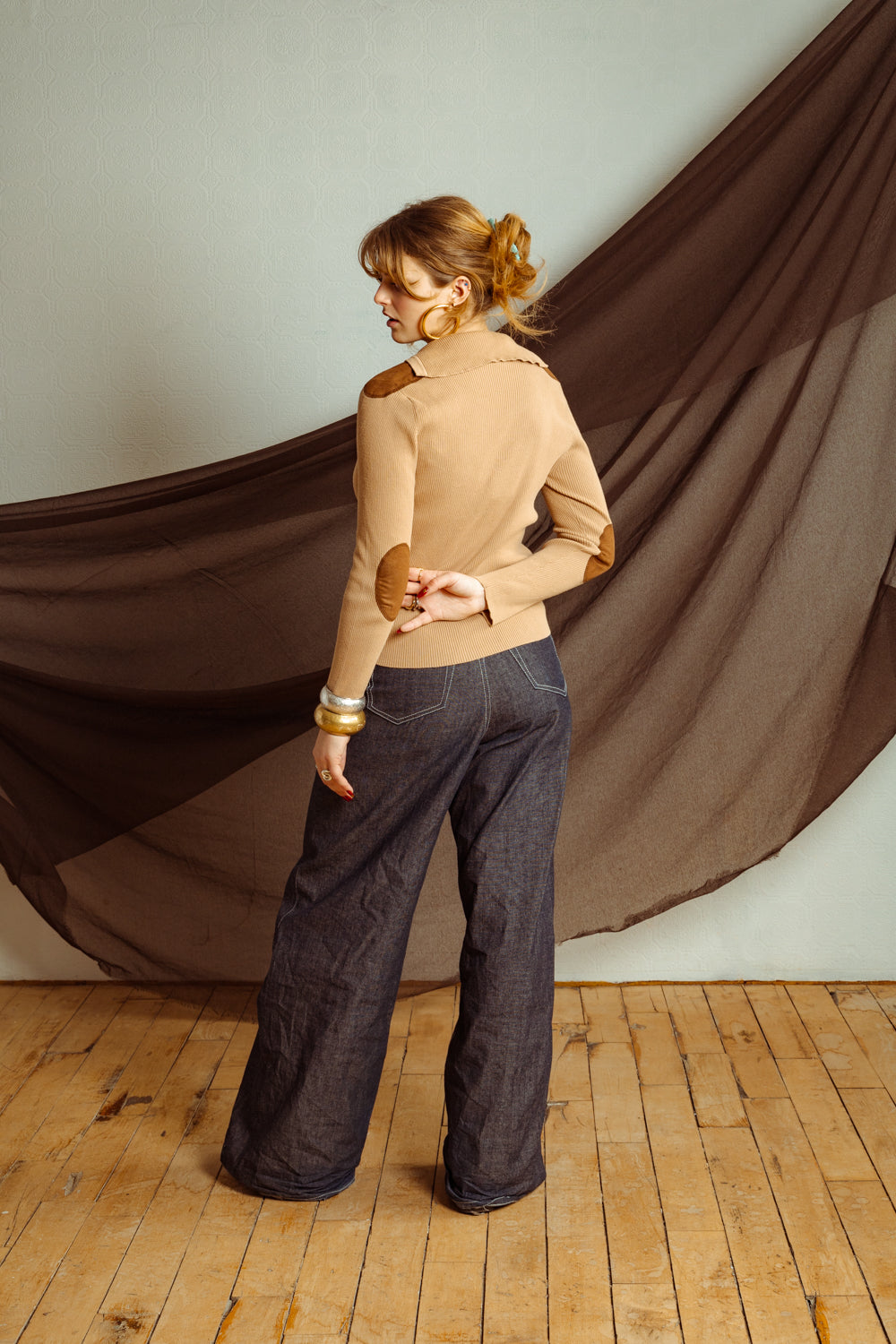 Vintage Brown Knit Top with Suede Trim