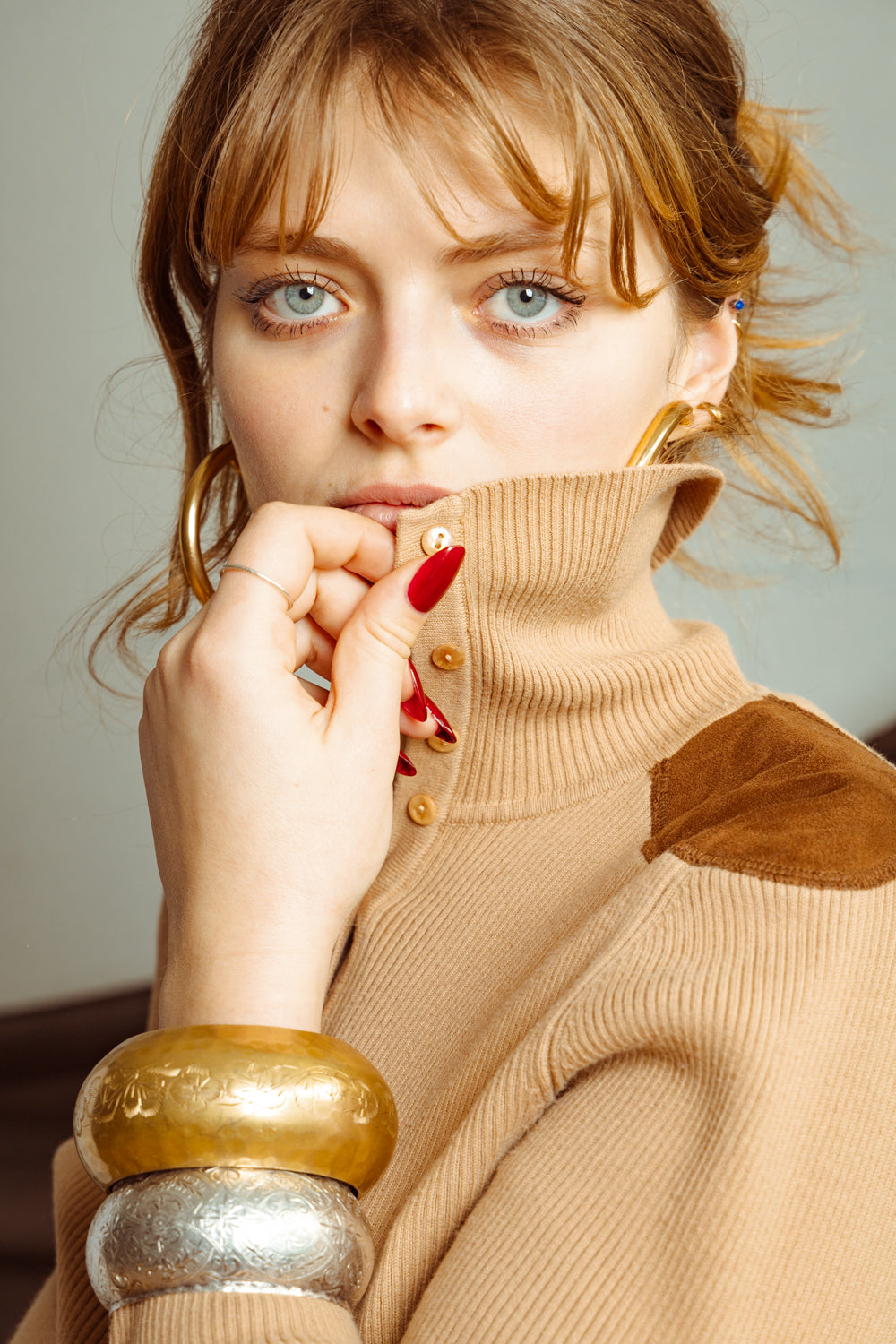 Vintage Brown Knit Top with Suede Trim