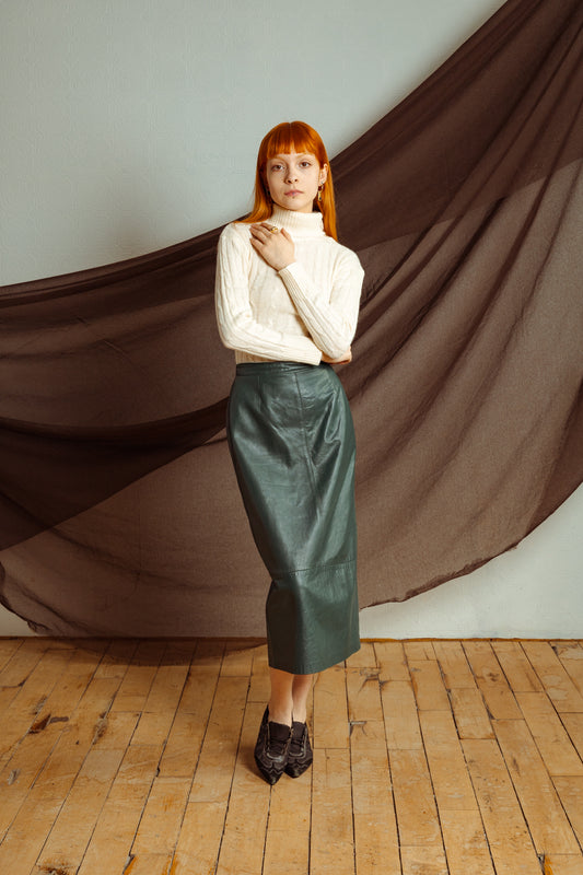 Vintage Forest Green High-Waist Leather Skirt