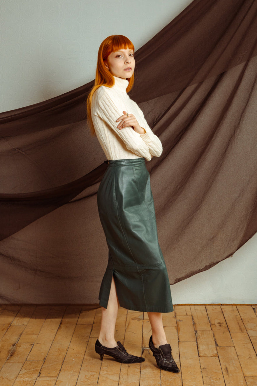Vintage Forest Green High-Waist Leather Skirt