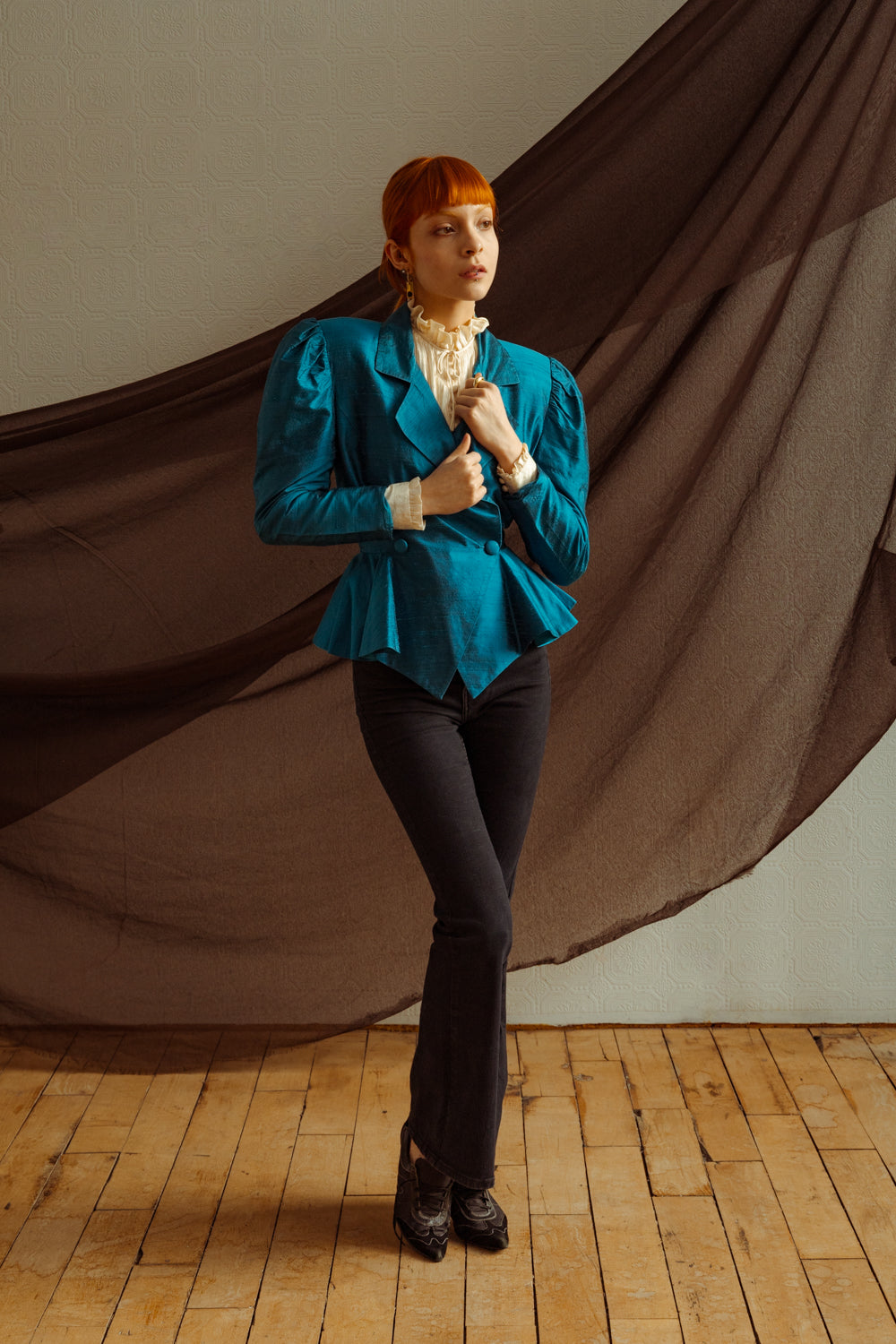 Vintage 80s Eccentric Blue Silk Jacket with Peplum