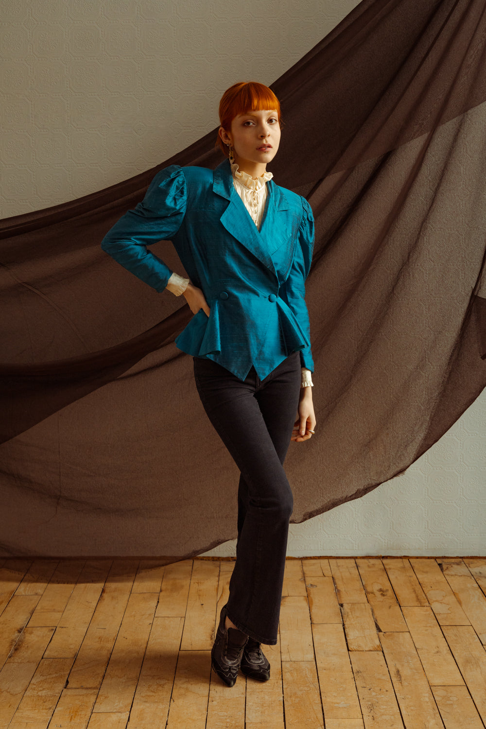 Vintage 80s Eccentric Blue Silk Jacket with Peplum