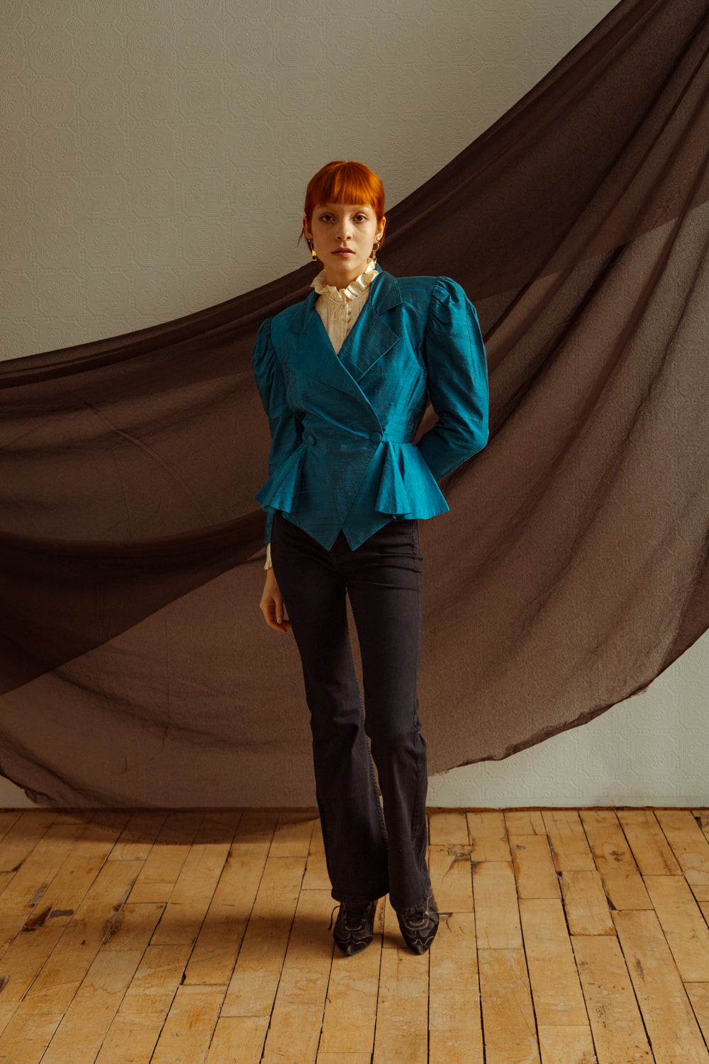 Vintage 80s Eccentric Blue Silk Jacket with Peplum