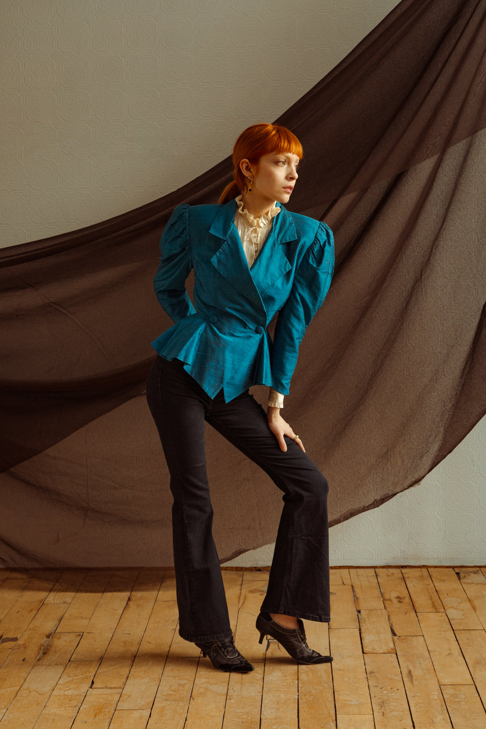 Vintage 80s Eccentric Blue Silk Jacket with Peplum