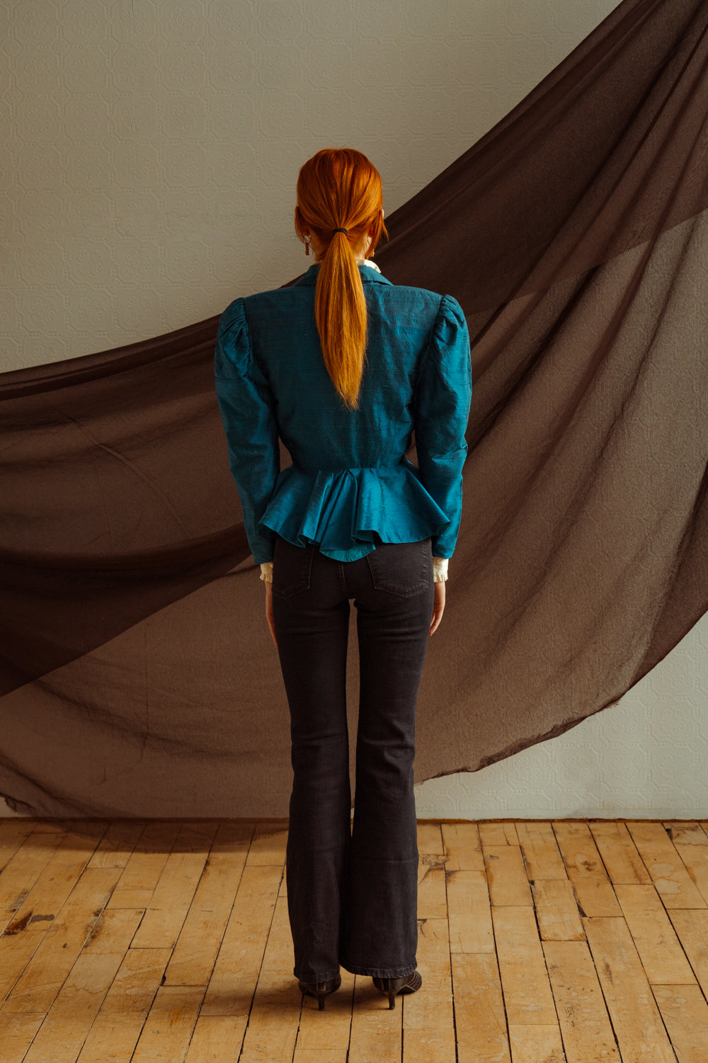 Vintage 80s Eccentric Blue Silk Jacket with Peplum