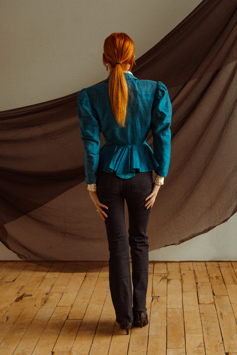 Vintage 80s Eccentric Blue Silk Jacket with Peplum