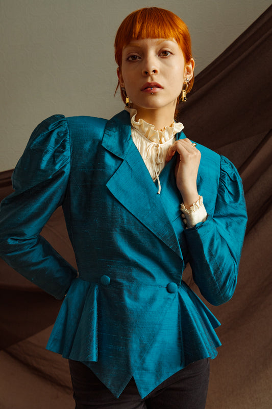 Vintage 80s Eccentric Blue Silk Jacket with Peplum