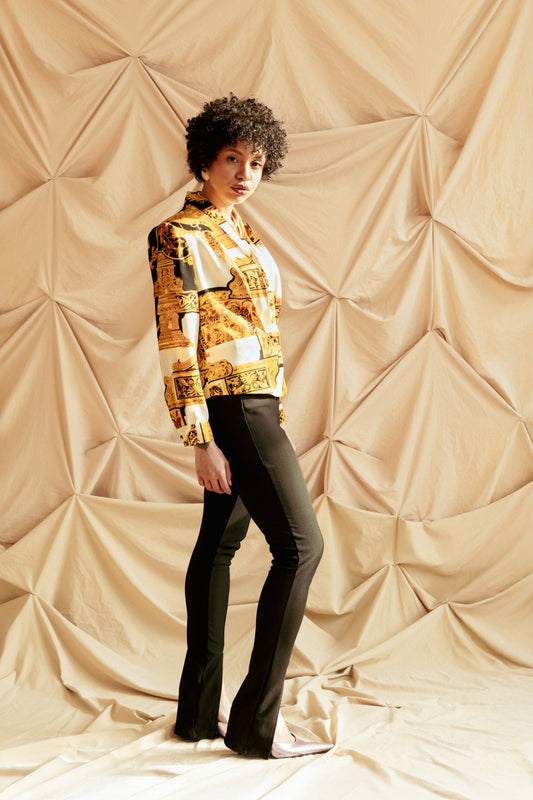 Vintage 80s Gold and Black Printed Blouse