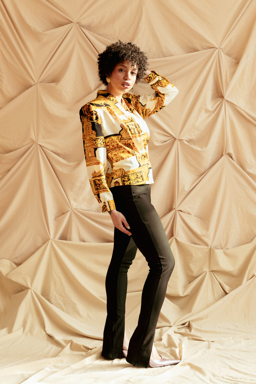Vintage 80s Gold and Black Printed Blouse