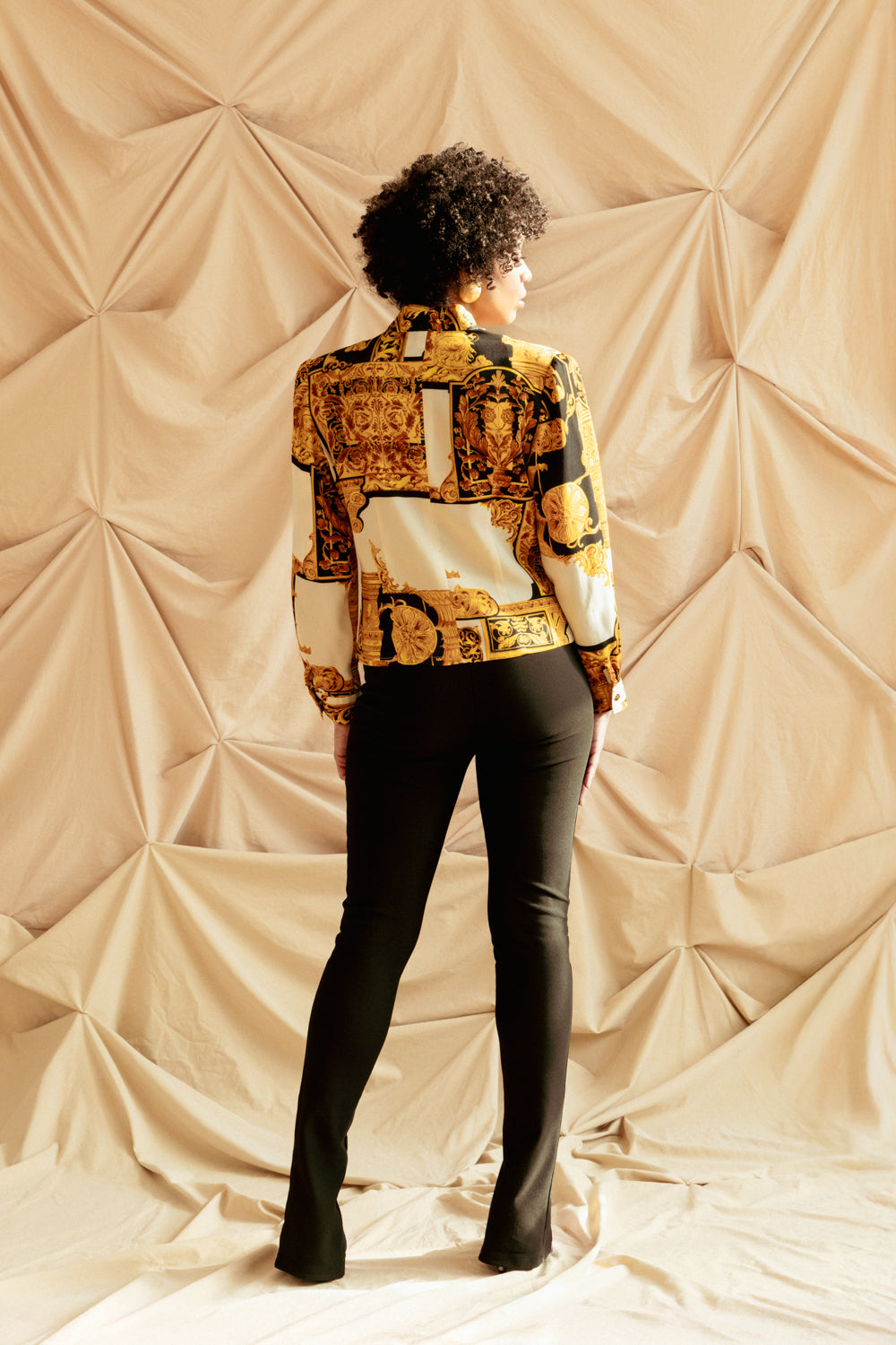Vintage 80s Gold and Black Printed Blouse